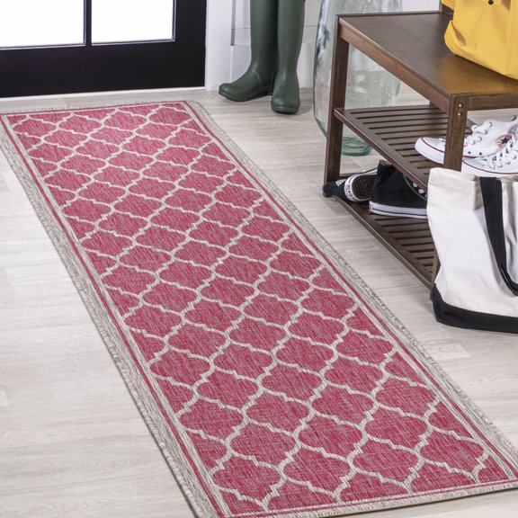 JONATHAN Y SANTA MONICA 2 x 10 Runner Rug, Trebol Moroccan Trellis Textured Weave - Fuchsia/Light Gray, SMB109H-210