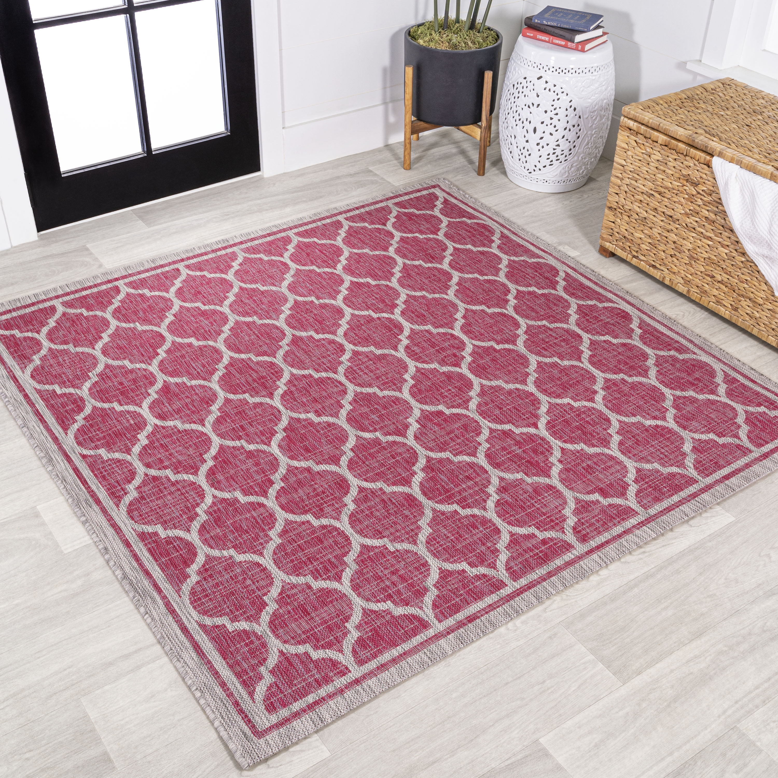 Fuchsia and Light Gray Trellis 5' Square Reversible Outdoor Rug