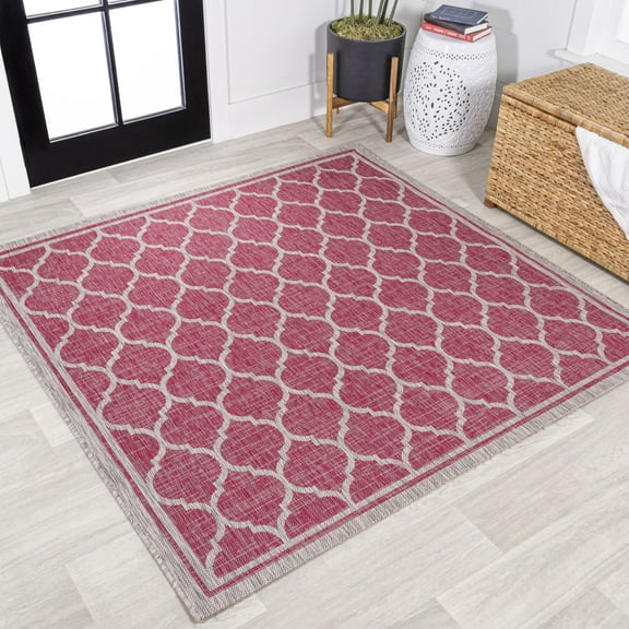 JONATHAN Y SANTA MONICA 5' Square Area Rug, Trebol Moroccan Trellis Textured Weave - Fuchsia/Light Gray, SMB109H-5SQ