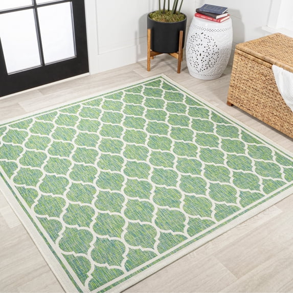 JONATHAN Y SANTA MONICA 5' Square Area Rug, Trebol Moroccan Trellis Textured Weave - Cream/Green, SMB109I-5SQ