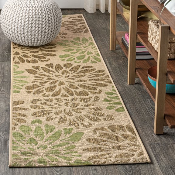 JONATHAN Y SANTA MONICA 2 x 10 Runner Rug, Zinnia Floral Textured Weave - Sage/Brown, SMB110A-210