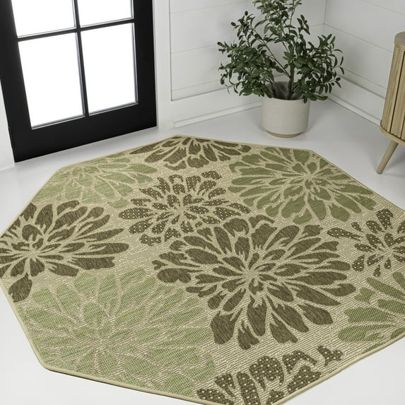 JONATHAN Y SANTA MONICA 8' Octagon Area Rug, Zinnia Floral Textured Weave - Sage/Brown, SMB110A-8TGN