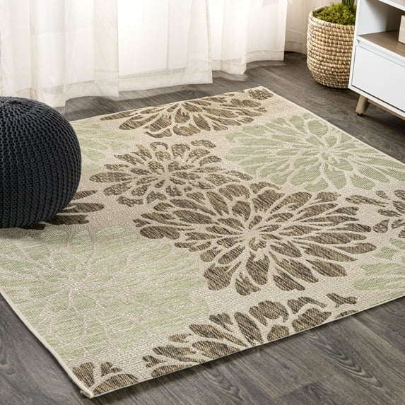 JONATHAN Y SANTA MONICA 9' Square Area Rug, Zinnia Floral Textured Weave - Sage/Brown, SMB110A-9SQ