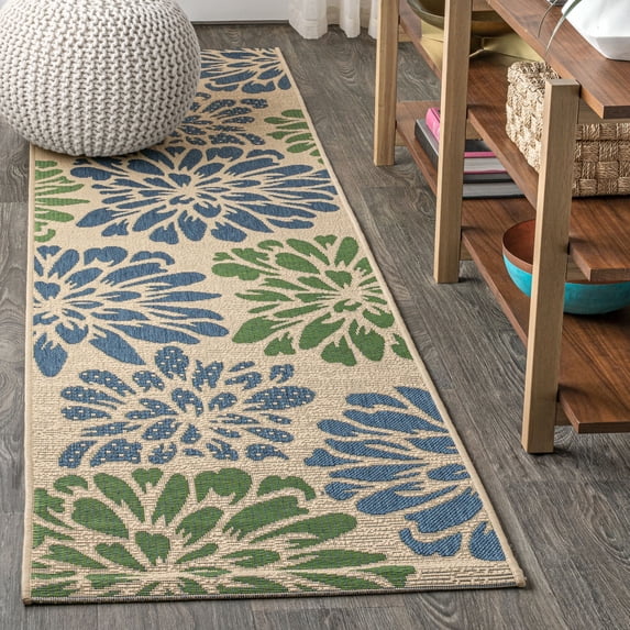 JONATHAN Y SANTA MONICA 2 x 14 Runner Rug, Zinnia Floral Textured Weave - Navy/Green, SMB110B-214