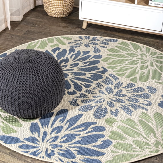 JONATHAN Y SANTA MONICA 3' Round Area Rug, Zinnia Floral Textured Weave - Navy/Green, SMB110B-3R