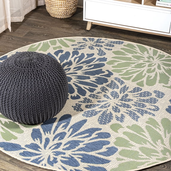 JONATHAN Y SANTA MONICA 4' Round Area Rug, Zinnia Floral Textured Weave - Navy/Green, SMB110B-4R