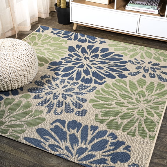 JONATHAN Y SANTA MONICA 5' Square Area Rug, Zinnia Floral Textured Weave - Navy/Green, SMB110B-5SQ