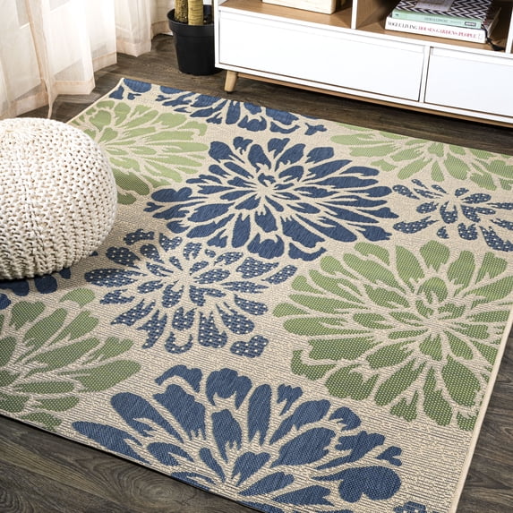 JONATHAN Y SANTA MONICA 6' Square Area Rug, Zinnia Floral Textured Weave - Navy/Green, SMB110B-6SQ