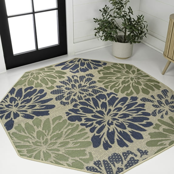 JONATHAN Y SANTA MONICA 8' Octagon Area Rug, Zinnia Floral Textured Weave - Navy/Green, SMB110B-8TGN