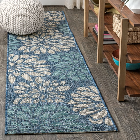 JONATHAN Y SANTA MONICA 2 x 20 Runner Rug, Zinnia Floral Textured Weave - Navy/Aqua, SMB110C-220