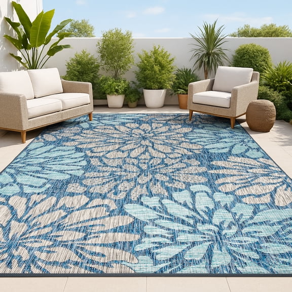 JONATHAN Y SANTA MONICA 3 x 5 Area Rug, Zinnia Floral Textured Weave - Navy/Aqua, SMB110C-3