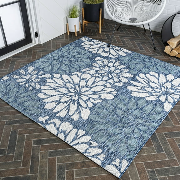 JONATHAN Y SANTA MONICA 5' Square Area Rug, Zinnia Floral Textured Weave - Navy/Aqua, SMB110C-5SQ