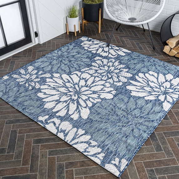 JONATHAN Y SANTA MONICA 8' Square Area Rug, Zinnia Floral Textured Weave - Navy/Aqua, SMB110C-8SQ