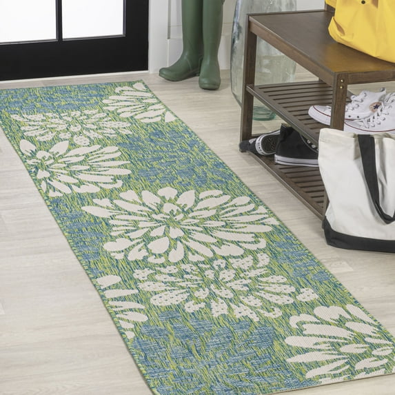 JONATHAN Y SANTA MONICA 2 x 8 Runner Rug, Zinnia Floral Textured Weave - Cream/Green, SMB110D-28