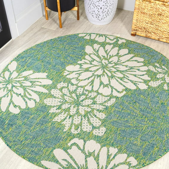 JONATHAN Y SANTA MONICA 9' Round Area Rug, Zinnia Floral Textured Weave - Cream/Green, SMB110D-9R