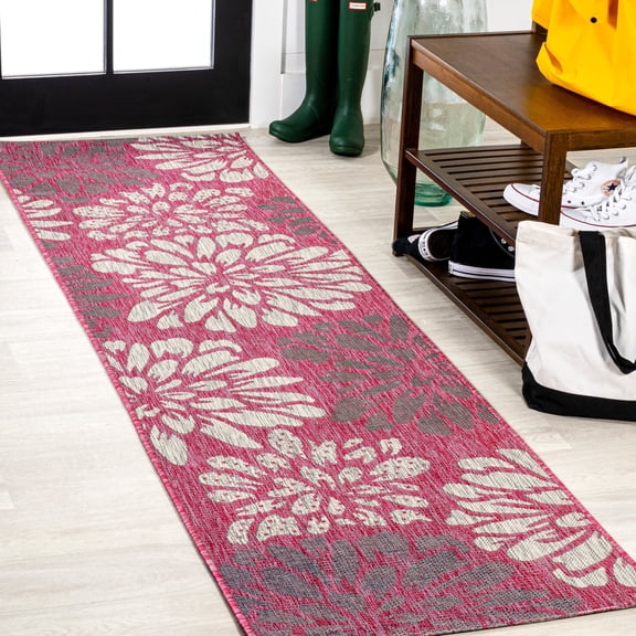 JONATHAN Y SANTA MONICA 2 x 8 Runner Rug, Zinnia Floral Textured Weave - Fuchsia/Light Gray, SMB110F-28