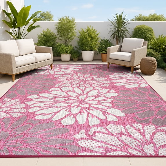 JONATHAN Y SANTA MONICA 5 x 8 Area Rug, Zinnia Floral Textured Weave - Fuchsia/Light Gray, SMB110F-5