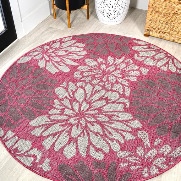 JONATHAN Y SANTA MONICA 5' Round Area Rug, Zinnia Floral Textured Weave - Fuchsia/Light Gray, SMB110F-5R