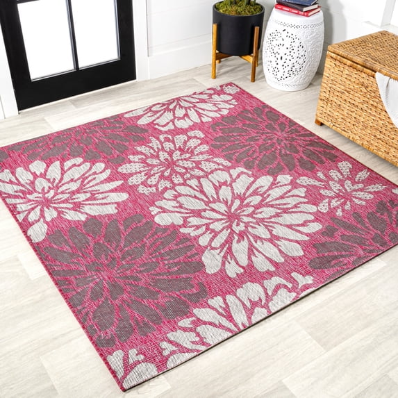 JONATHAN Y SANTA MONICA 5' Square Area Rug, Zinnia Floral Textured Weave - Fuchsia/Light Gray, SMB110F-5SQ