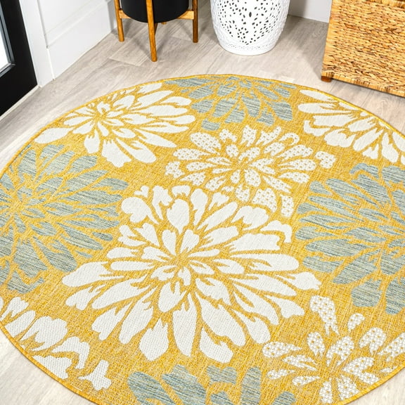 JONATHAN Y SANTA MONICA 5' Round Area Rug, Zinnia Floral Textured Weave - Yellow/Cream, SMB110G-5R