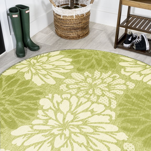 JONATHAN Y SANTA MONICA 5' Round Area Rug, Zinnia Floral Textured Weave - Green/Cream, SMB110H-5R