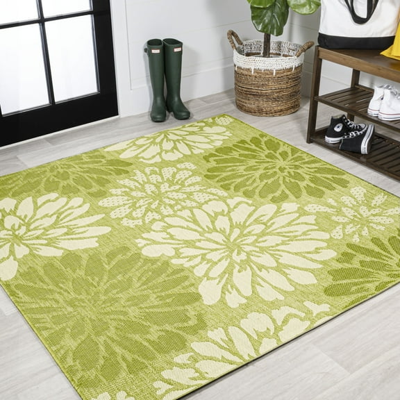 JONATHAN Y SANTA MONICA 5' Square Area Rug, Zinnia Floral Textured Weave - Green/Cream, SMB110H-5SQ