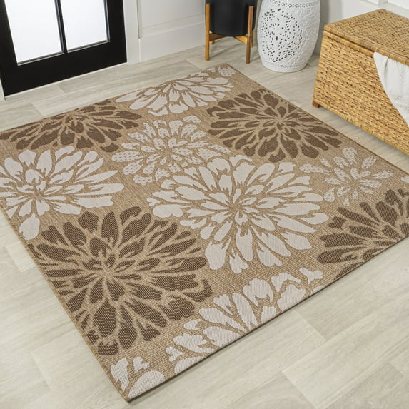 JONATHAN Y SANTA MONICA 3' Square Area Rug, Zinnia Floral Textured Weave - Brown/Cream, SMB110I-3SQ