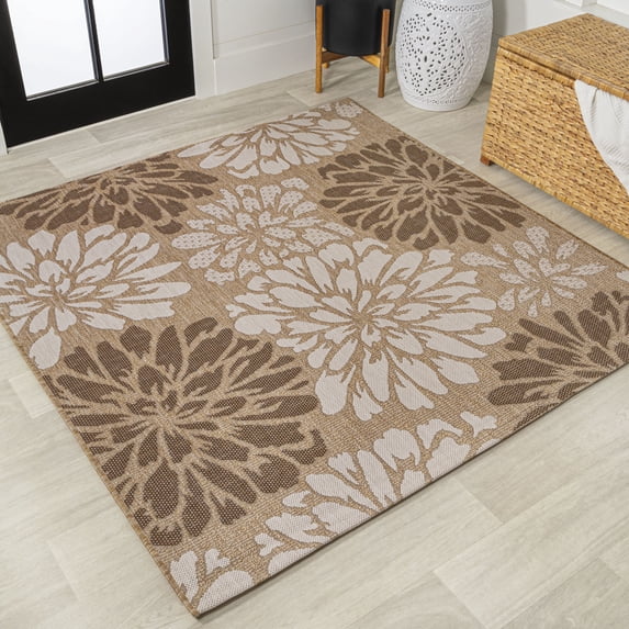 JONATHAN Y SANTA MONICA 5' Square Area Rug, Zinnia Floral Textured Weave - Brown/Cream, SMB110I-5SQ