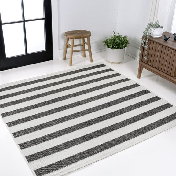 JONATHAN Y SANTA MONICA 6' Square Area Rug, Aveiro Wide Stripe - Black/Cream, SMB112B-6SQ