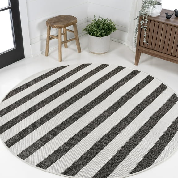 JONATHAN Y SANTA MONICA 9' Round Area Rug, Aveiro Wide Stripe - Black/Cream, SMB112B-9R