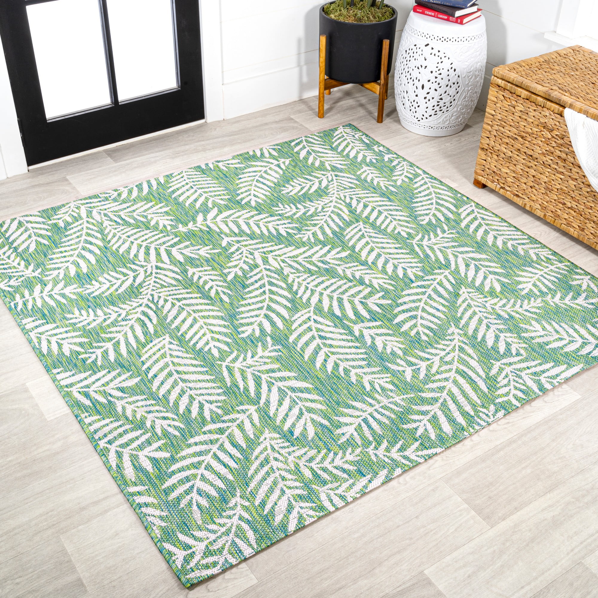 JONATHAN Y SMB119G-5SQ Nevis Palm Frond Cream/Green 5' Square Indoor ...