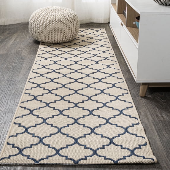 JONATHAN Y SANTA MONICA 2 x 10 Runner Rug, Arabesque Ogee Trellis - Beige/Navy, SMB122A-210