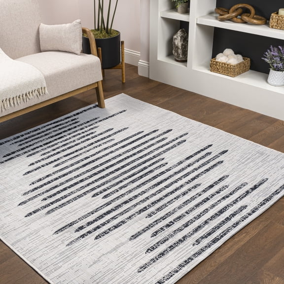JONATHAN Y SANTA MONICA 3' Square Area Rug, Zolak Berber Stripe Geometric - Ivory/Black, SMB124D-3SQ