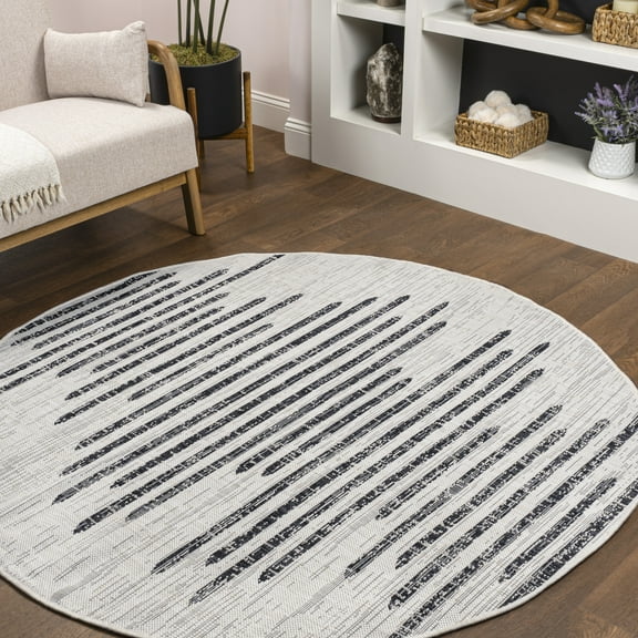 JONATHAN Y SANTA MONICA 5' Round Area Rug, Zolak Berber Stripe Geometric - Ivory/Black, SMB124D-5R