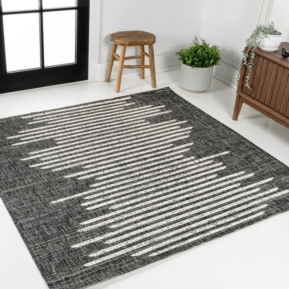 JONATHAN Y SANTA MONICA 4' Square Area Rug, Zolak Berber Stripe Geometric - Black/Ivory, SMB124E-4SQ