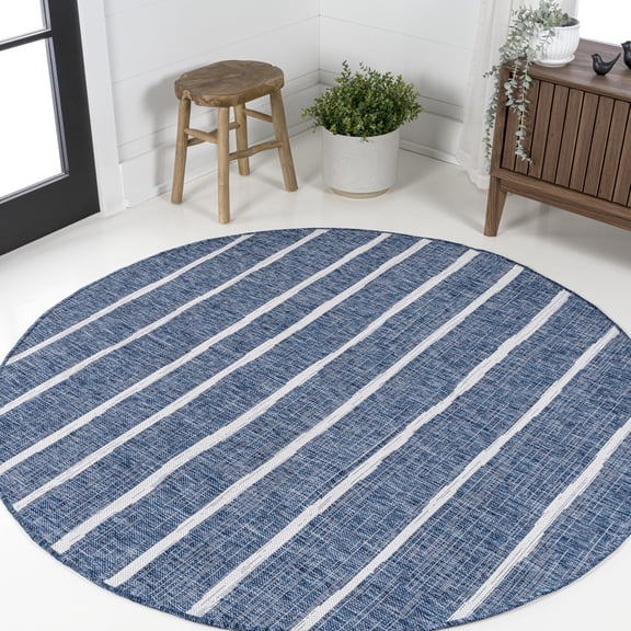 JONATHAN Y SANTA MONICA 5' Round Area Rug, Colonia Berber Stripe - Blue/Ivory, SMB125C-5R