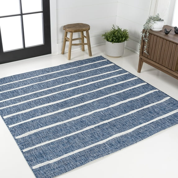JONATHAN Y SANTA MONICA 9' Square Area Rug, Colonia Berber Stripe - Blue/Ivory, SMB125C-9SQ