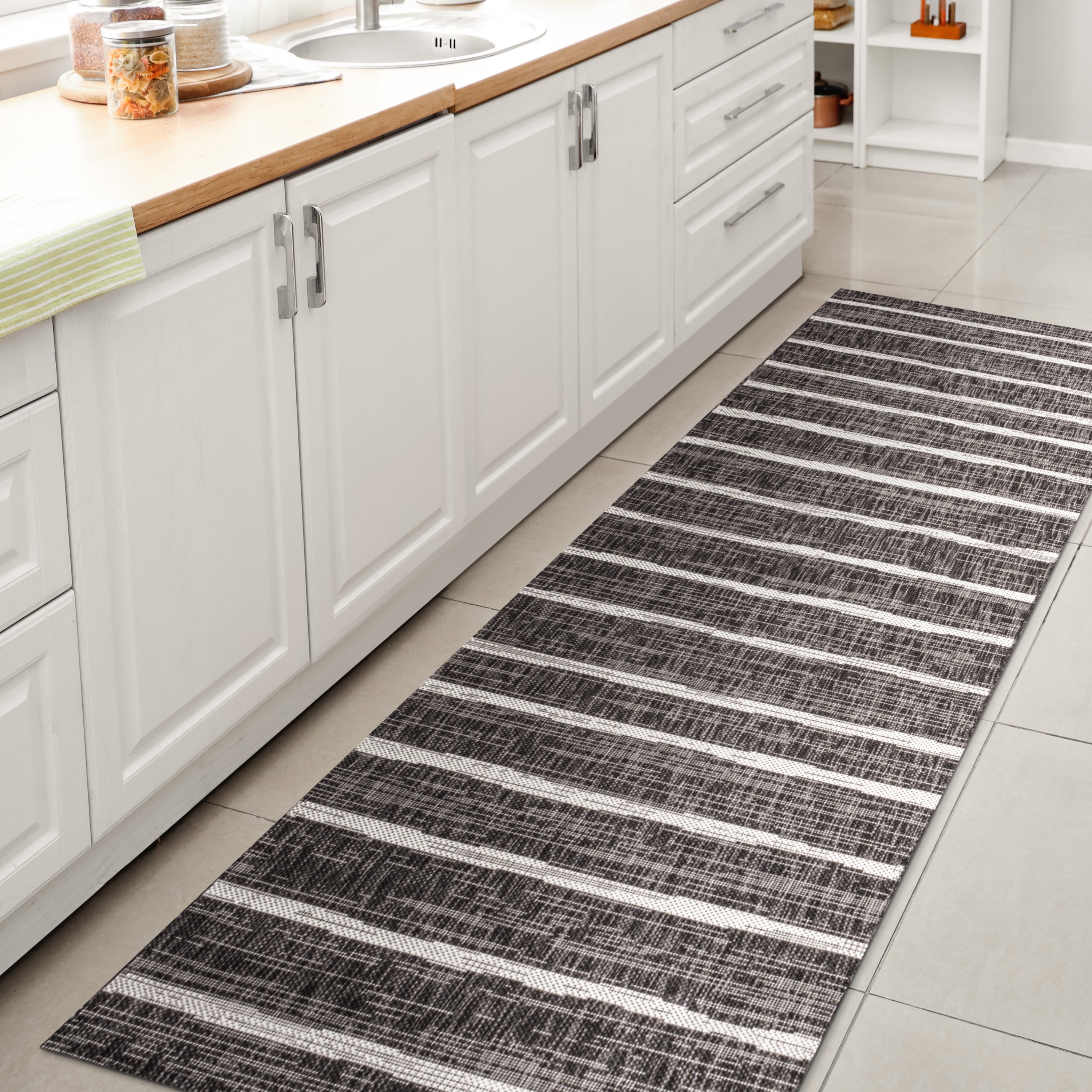 Colonia Black and Ivory Synthetic Stripe Runner Rug 2 x 8