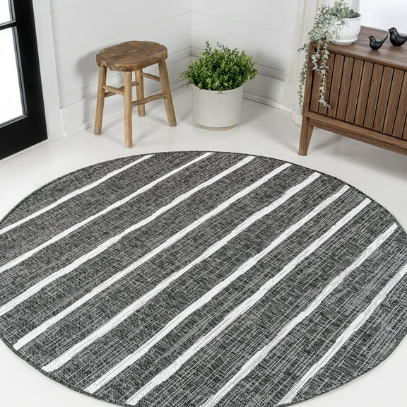 JONATHAN Y SANTA MONICA 5' Round Area Rug, Colonia Berber Stripe - Black/Ivory, SMB125E-5R