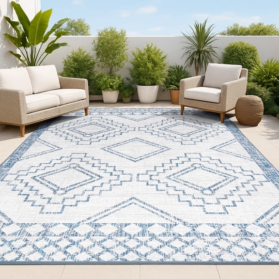 JONATHAN Y SANTA MONICA 4 x 6 Area Rug, Marokko Diamond Tribal Medallion - Ivory/Blue, SMB127C-4