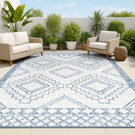 JONATHAN Y SANTA MONICA 8 x 10 Area Rug, Marokko Diamond Tribal Medallion - Ivory/Blue, SMB127C-8