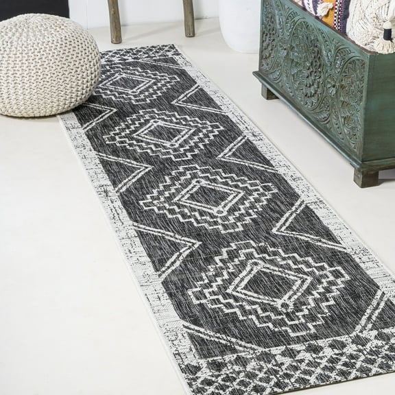 JONATHAN Y SANTA MONICA 2 x 8 Runner Rug, Marokko Diamond Tribal Medallion - Black/Ivory, SMB127F-28
