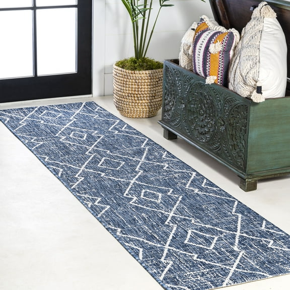 JONATHAN Y SANTA MONICA 2 x 10 Runner Rug, Carwa Tribal Diamond Trellis - Blue/Ivory, SMB128C-210