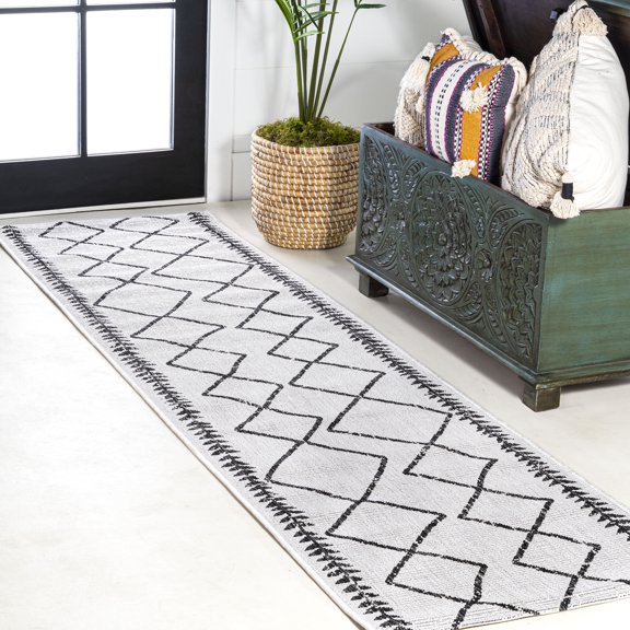 JONATHAN Y SANTA MONICA 2 x 10 Runner Rug, Derya Tribal Diamond Trellis - Ivory/Black, SMB129D-210