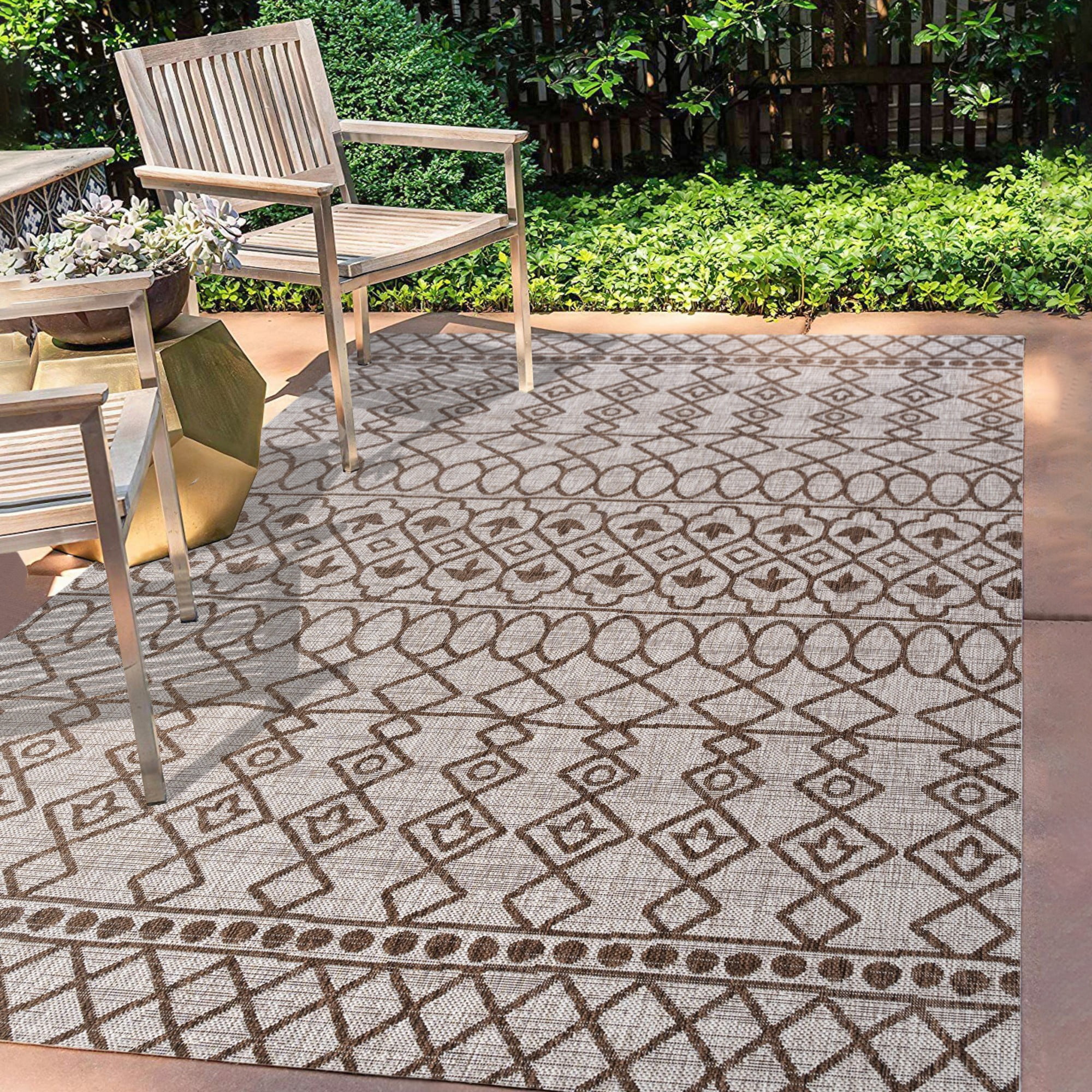 Beige and Brown Synthetic Bohemian Rectangular Area Rug