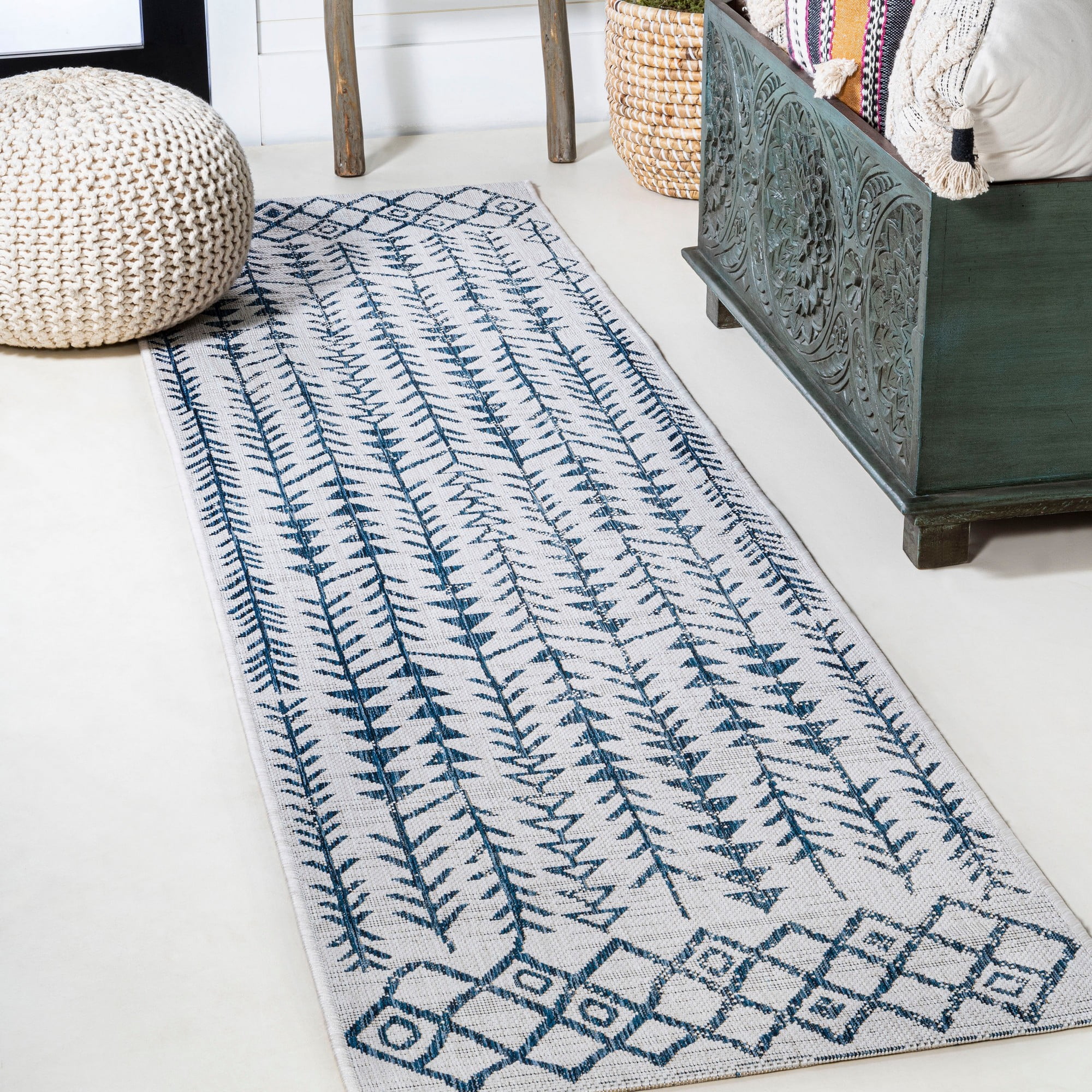 JONATHAN Y SMB132B-28 Tokay Bohemian Geometric Ivory/Blue 2 ft. x 8 ft ...