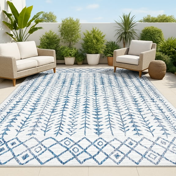 JONATHAN Y SANTA MONICA 5 x 8 Area Rug, Tokay Bohemian Geometric - Ivory/Blue, SMB132B-5