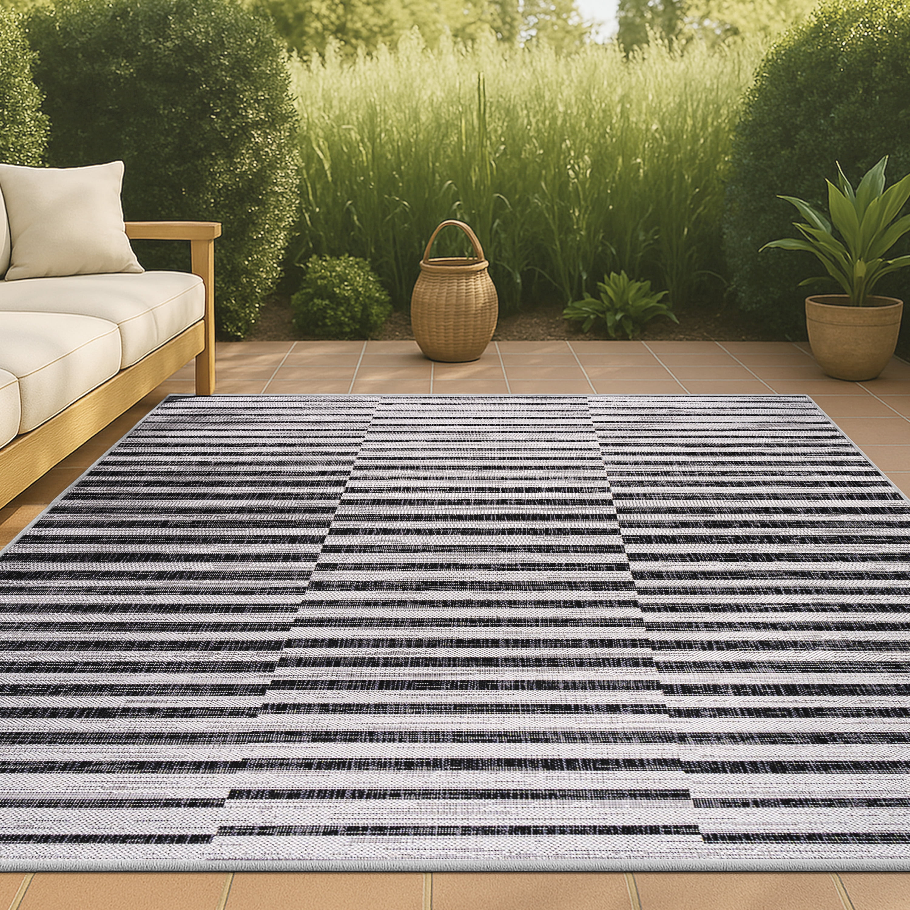 Sukie Modern Offset Stripe Ivory/Black Indoor/Outdoor Area Rug 8 ft. x ...