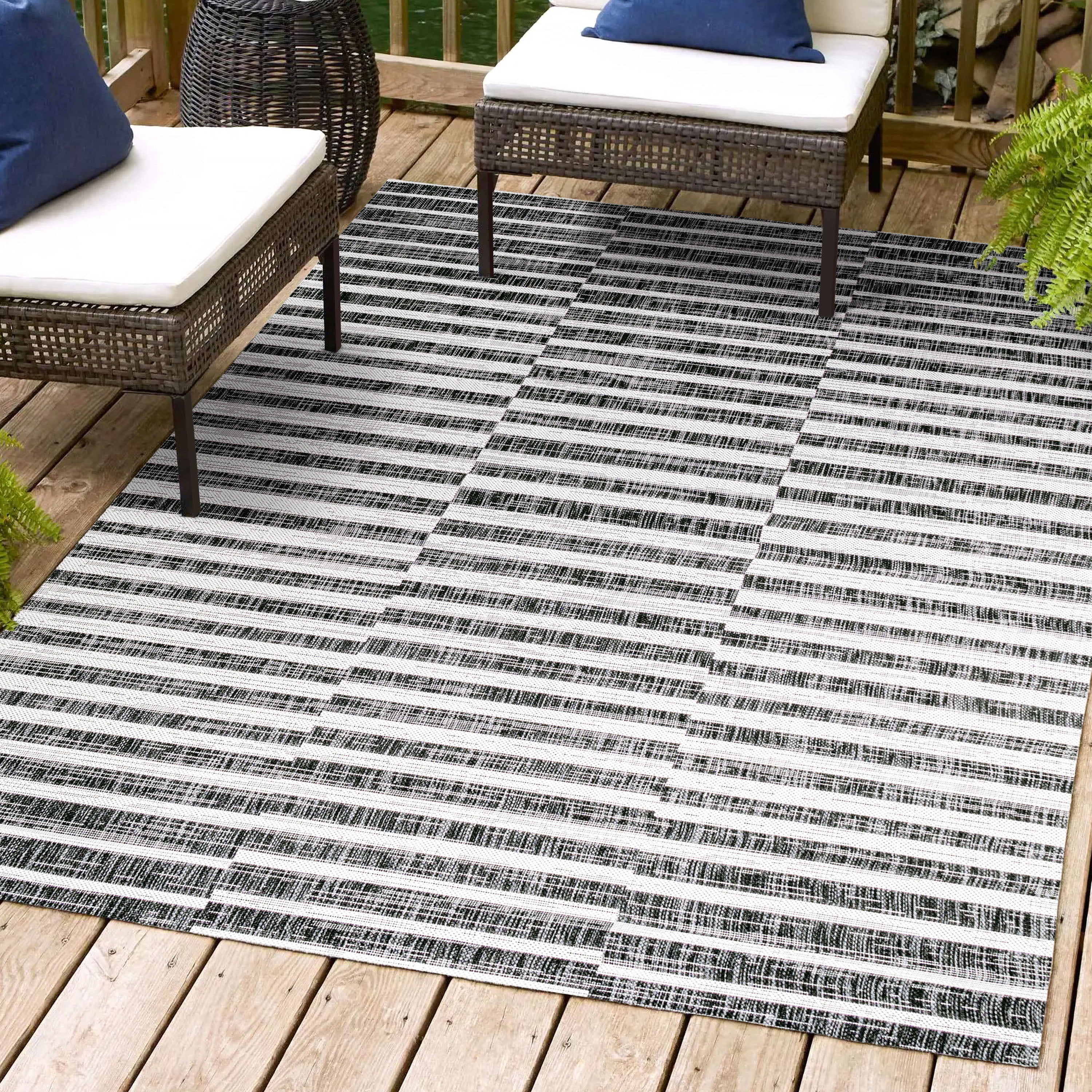 Ivory and Black Stripe Synthetic 8' x 10' Easy-Care Rug
