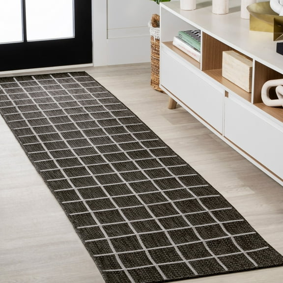 JONATHAN Y SANTA MONICA 2 x 8 Runner Rug, Grid Squares - Dark Gray/Cream, SMB200B-28